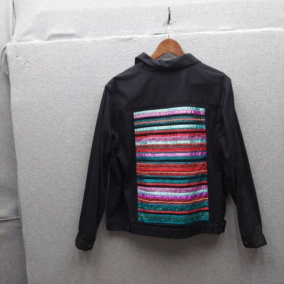 Choices Multicolor Embroidered Black Denim Jacket Button-Up Long Sleeve Womens M - Picture 3 of 3
